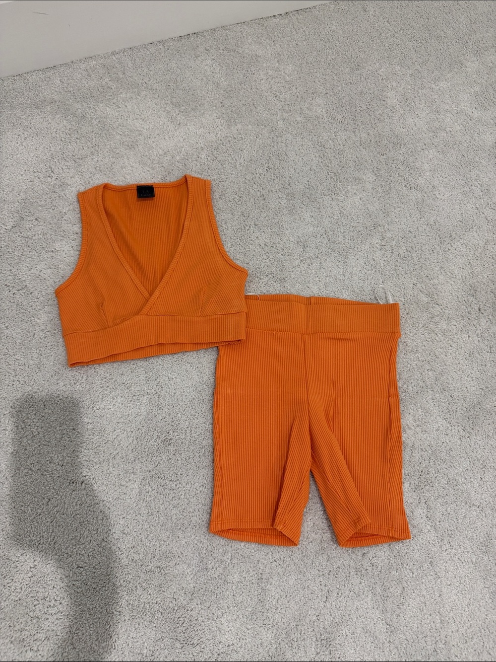 High-Waist Orange Ribbed Bike Shorts and top set